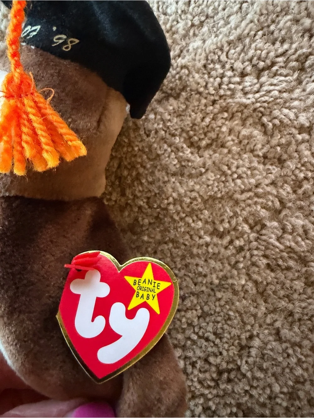 NWT Ty Brown & Cream Plush Beanie Baby Owl with Graduation Cap - Wise 5/31/1997.